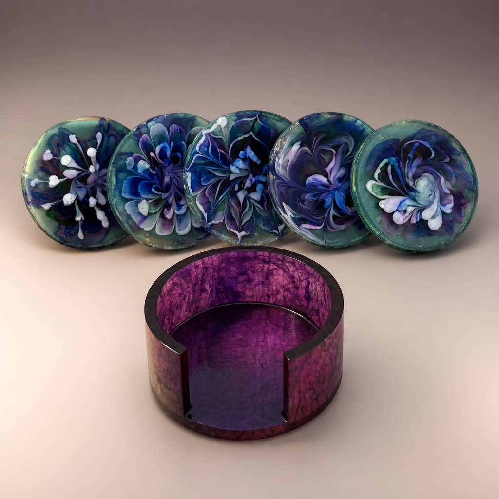 Handcrafted Resin Coaster Set with Matching Holder
