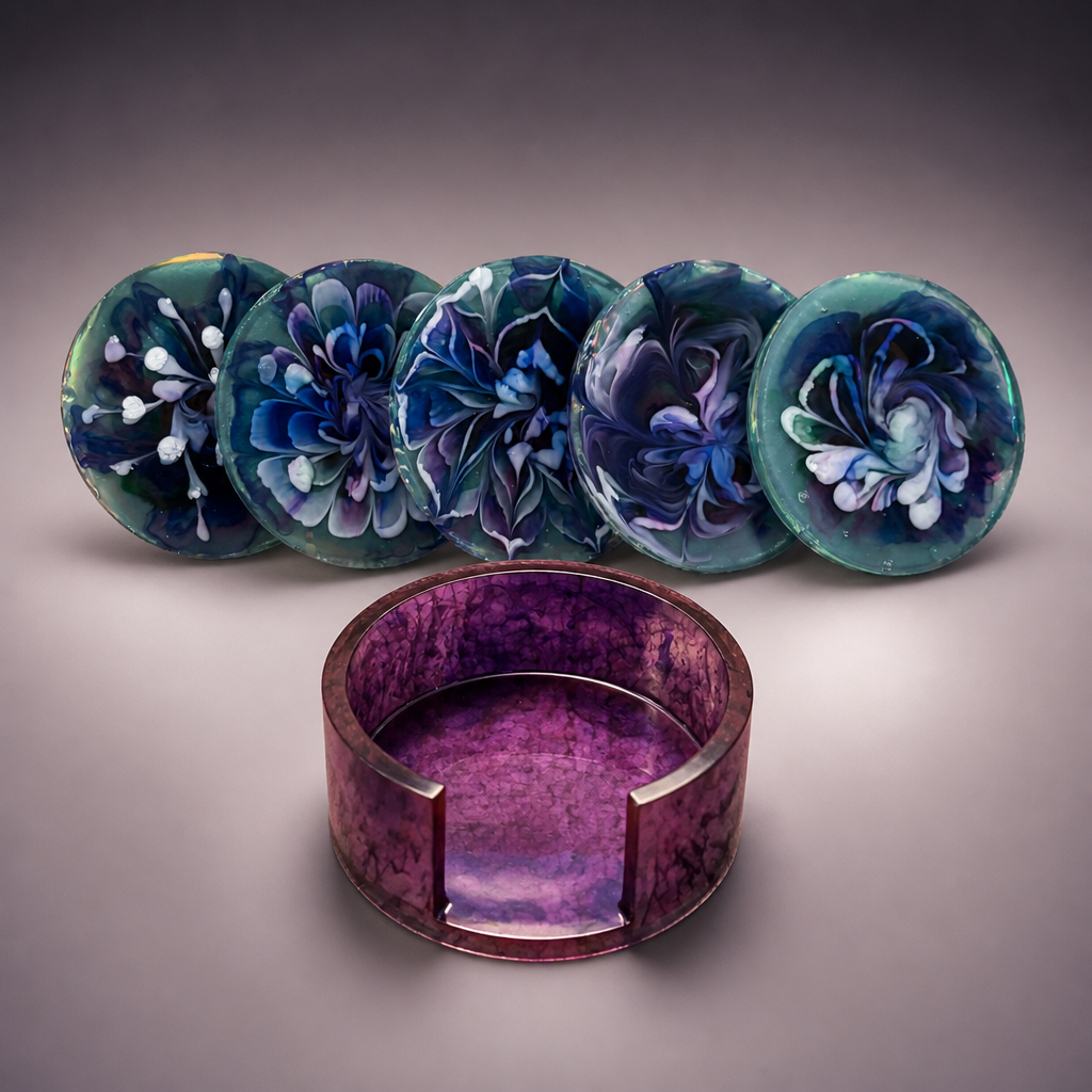Handcrafted Resin Coaster Set with Matching Holder