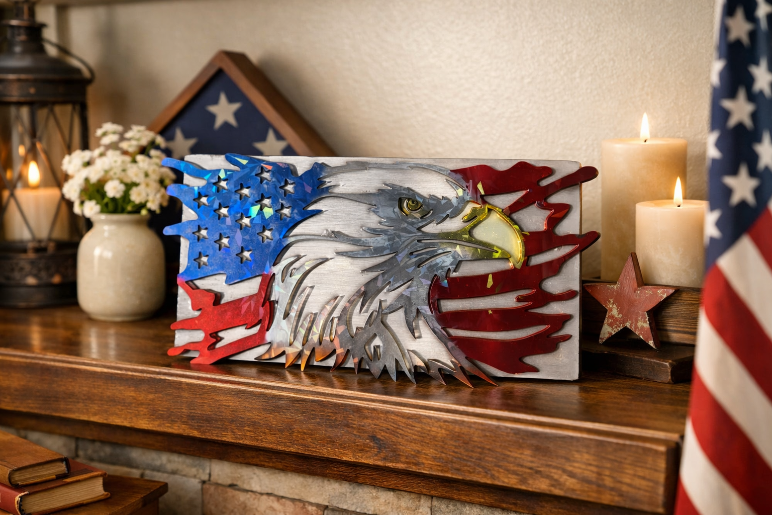 Handmade American Flag Bald Eagle Wall Art – Patriotic Resin Decor – Fourth of July / Veteran Gift