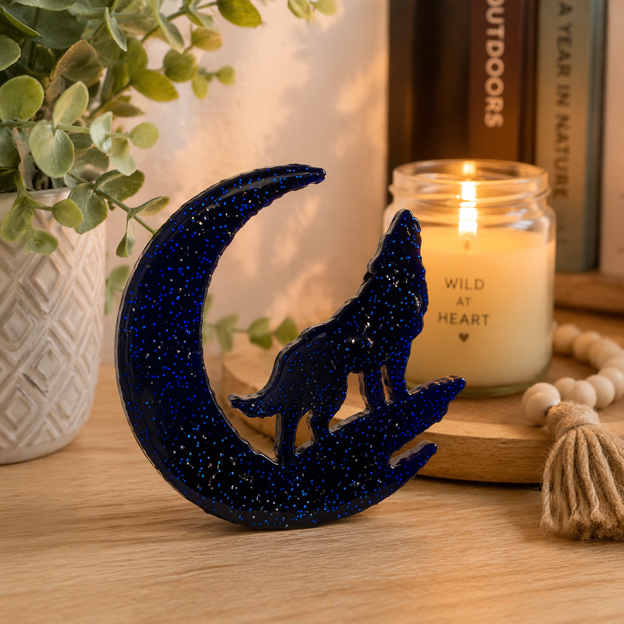 Glitter Wolf Moon Resin Decor