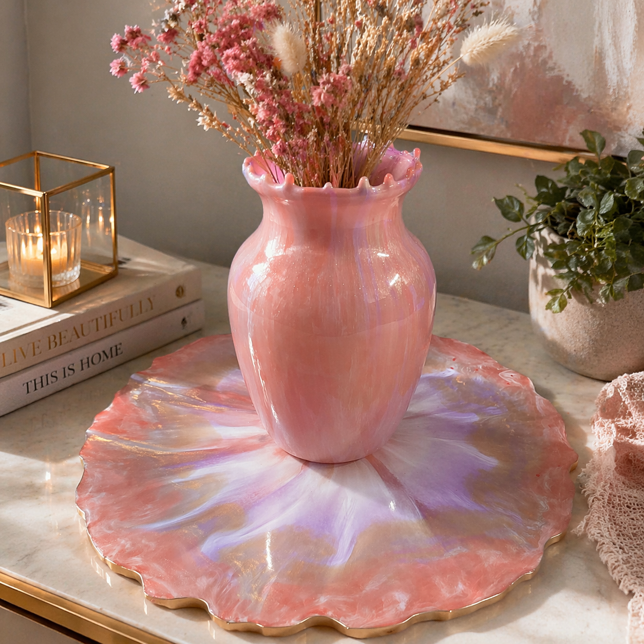 Elegant Iridescent Resin Vase & Tray Set